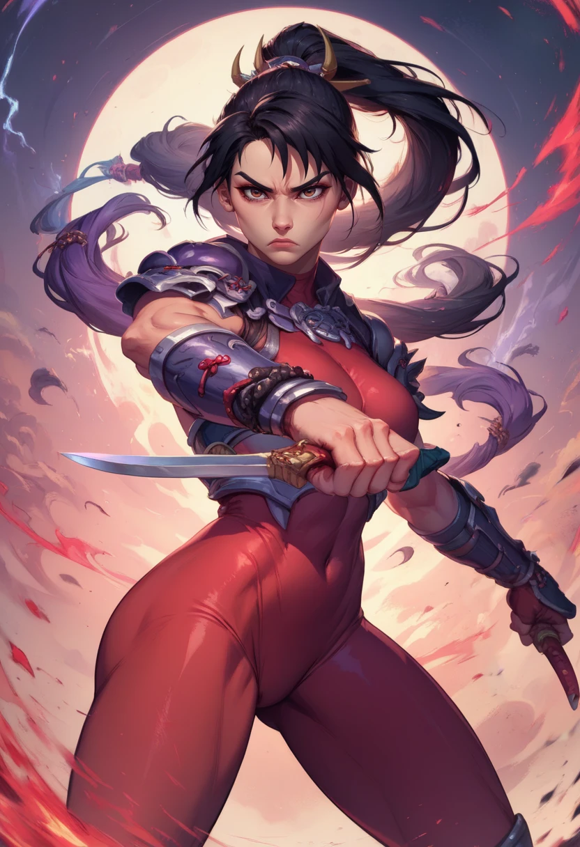 Taki,black hair,brown eyes,ponytail,hair ornament,
red bodysuit,serious,shoulder armor,arm guards,skin tight,
standing,fighting stance,holding dagger,
edo period,night,<lora:TakiSC6-11XL:0.8>,zPDXL,