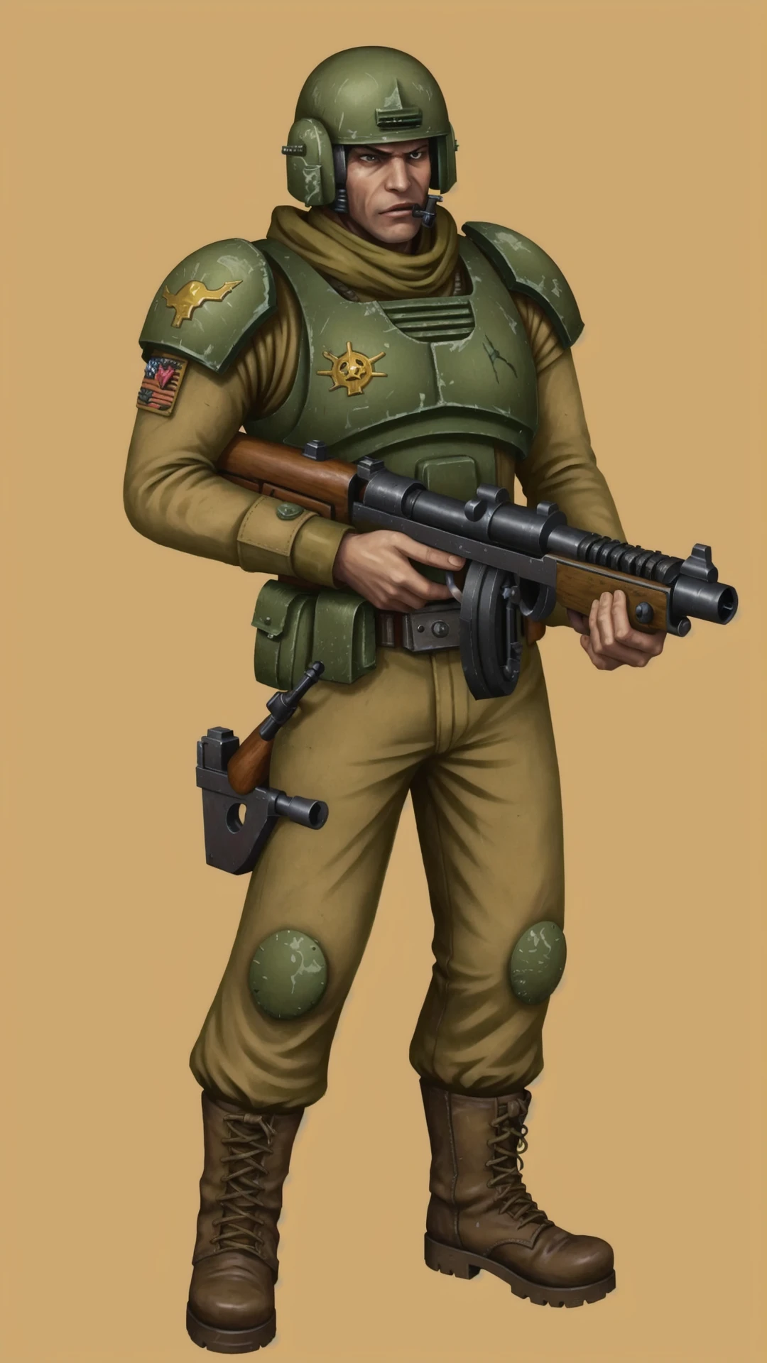 <lora:Tommy_Gun:0.8> thompson submachine gun, tommy gun, drum magazine, (holding a tommy gun with both hands:1.25), BREAK, <lora:warhammer 40k imperial guardsman:0.7> warhammer 40k imperial guardsman