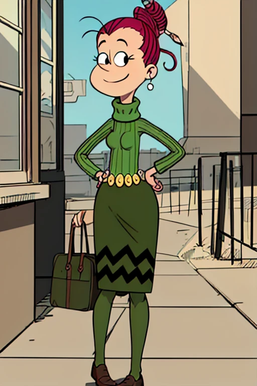 agnesj, 1girl, turtleneck, pencil in hair, hair bun, single hair bun, green sweater, belt, green skirt, brown footwear, black eyes,looking at viewer, hand on hip ,smile,school, <lora:AgnesJohnson(3.0):0.65>