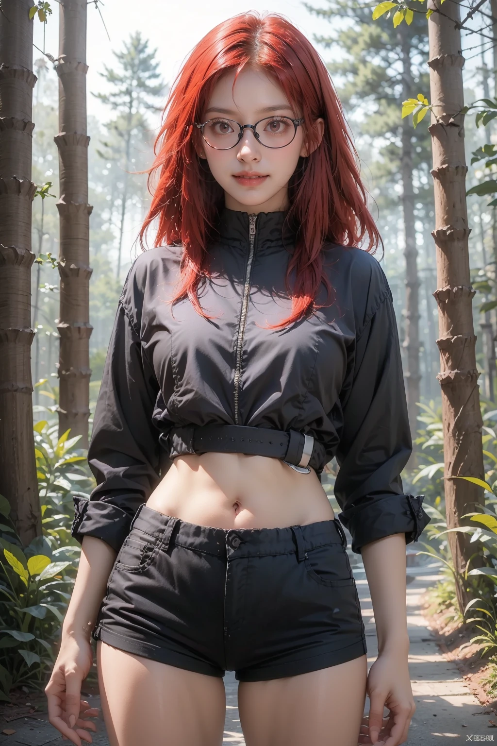 red eyes,<lora:xiang-7:0.8>,(face lighting:0.8),bright backlight,super high resolution,best quality,Photos,4k,(Realistic:1.2),xiang,shorts,solo,thigh,red hair,(long hair:1.1),navel,belt,black shorts,glasses,look at the audience,smile,standing,(forest:1.2),