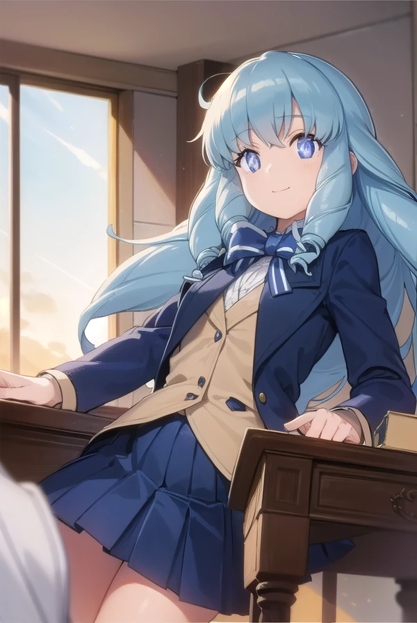 felicitationdudrakon, <lora:felicitation du drakon movie-lora-nochekaiser:1>,
felicitation du drakon, long hair, blue eyes, blue hair, drill hair, big hair, smile,
BREAK skirt, bow, jacket, pantyhose, pleated skirt, striped, bowtie, white skirt, white pantyhose, blue bowtie, blue jacket,
BREAK indoors, classroom,
BREAK looking at viewer, dynamic pose,
BREAK <lyco:GoodHands-beta2:1>, (masterpiece:1.2), best quality, high resolution, unity 8k wallpaper, (illustration:0.8), (beautiful detailed eyes:1.6), extremely detailed face, perfect lighting, extremely detailed CG, (perfect hands, perfect anatomy),