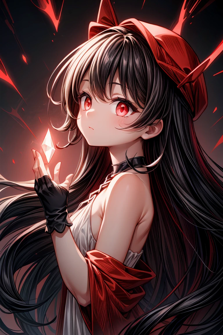 greyscale, (red theme:1.3),1girl,solo,badass,cold,((Detailed)), ((Masterpiece)), ((Impressive)), ((Elegant)), ((Mind-blowing)), ((Phenomenal)), anime, Shojo, Romance, Drama, digital artwork, Digital masterpiece, Digital masterpiece, Digital illustration, neon light, Neon illumination, Electrifying light, Vibrant glow, 35mm, Panoramic view,Illustration,Cover,enigmatic figure,draped in translucent fabric,crystals adorning hair,dreamlike swirl,pastel hues,soft light,evoking calm serenity and elusive beauty,Non-representational,colors and shapes,expression of feelings,imaginative,highly detailed,fingerless_gloves,headwear,criss-cross_halter,red_eyes,looking_at_viewer,upper_body,from_side