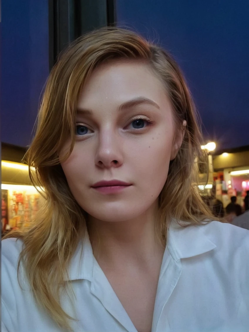 a beautiful picture of sydsnapXL, detailed skin texture,masterpiece, photorealistic, woman, 4k, RAW color photo,(fully in frame:1.1), (blush:0.5), (goosebumps:0.5),blonde,<lora:sydsnapXL:1> wearing a white shirt,city at night, neon lights