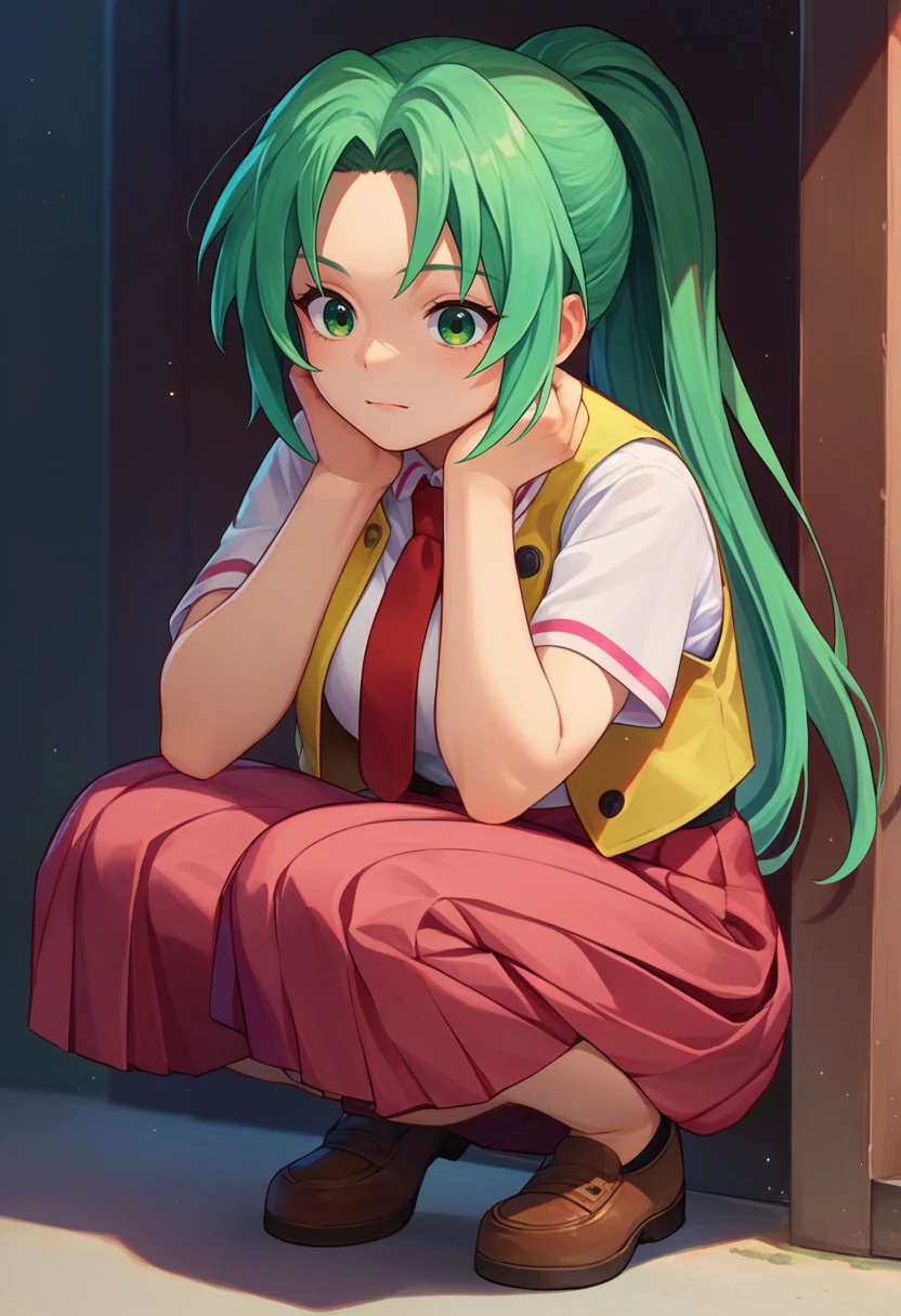 score_9, score_8_up, score_7_up, source_anime, Mion Sonozaki, green eyes, ponytail, white shirt, red necktie, yellow vest, red skirt, squatting, <lora:MionCAME2-000008:1>
