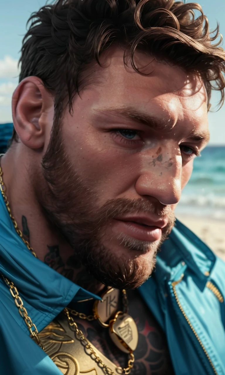 conmcg2024, 1man, 8k, uhd, masterpiece, detailed skin, skin pores, intricate, depth of field, raw image, tattoo, gold chain, broken nose, beach, gold suit, bandage on nose.