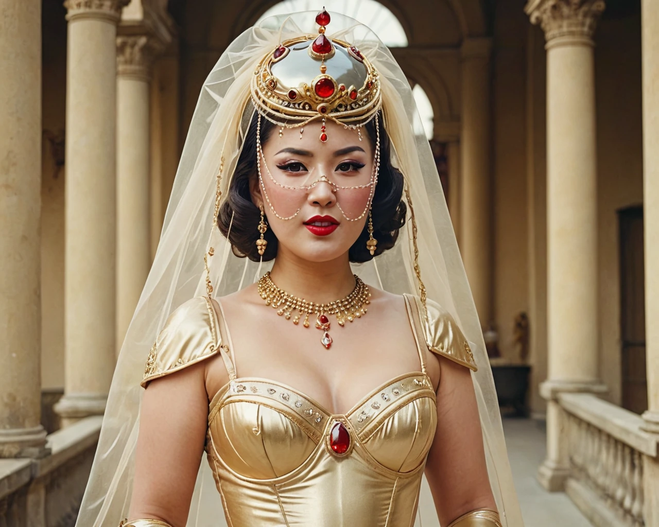 tsuetsuexl. upper body. A beautiful plump woman in a golden puffy ballgown adorned with jewelry and (transparent mouth veil) and helmet with red-gem. (detailed face, retro filter, palace balcony background, film grain, textured image) <lora:tsuetsueXL:1.0>