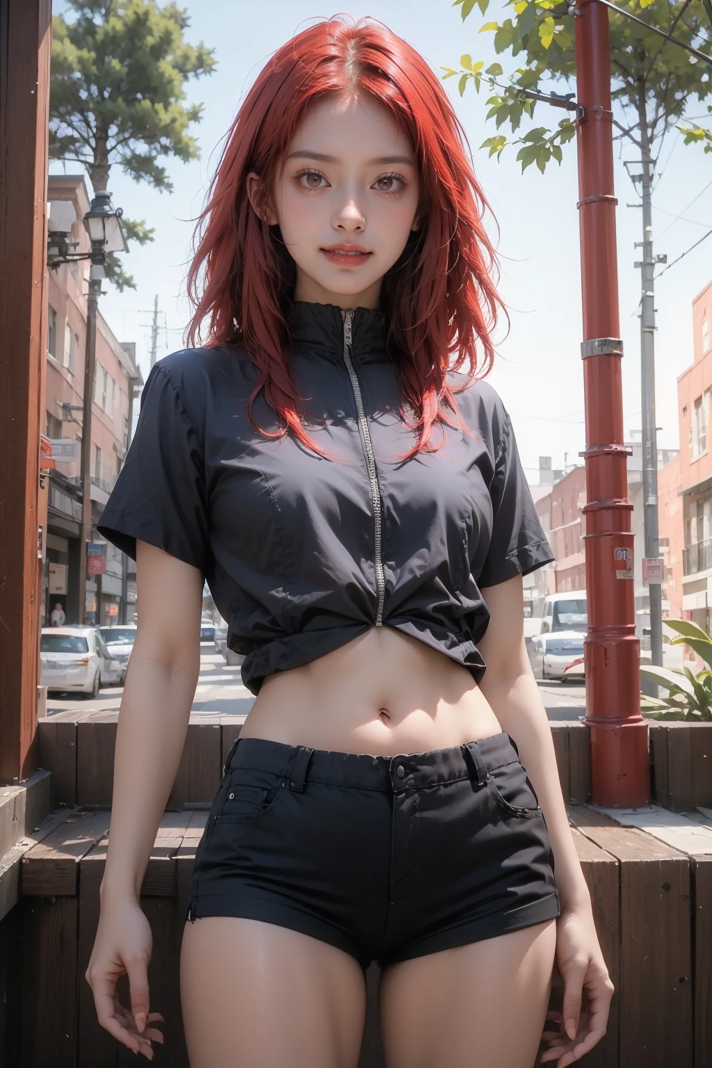 (red eyes:1.2),<lora:xiang-7:0.8>,(face lighting:0.8),bright backlight,super high resolution,best quality,Photos,4k,(Realistic:1.2),xiang,shorts,solo,thigh,red hair,(long hair:1.1),navel,belt,black shorts,look at the audience,smile,standing,forest,