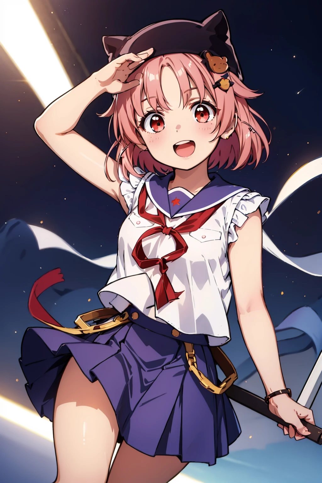 masterpiece, best quality, solo, 1girl, yuki_takeya, smile, open mouth, looking at viewer, black headwear, bear, hair ornament, frills, sleeveless, parted bangs, red eyes, pink short hair, serafuku, blue skirt, <lora:takeyayuki_7:0.8>