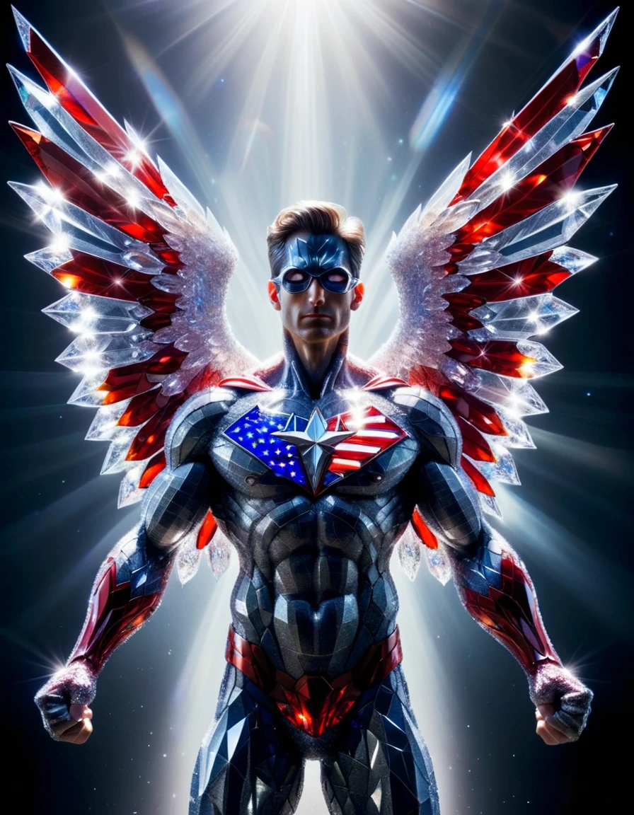 crystal superhero, sprad wings, american flag background, god rays from above, full body shot, crystalz <lora:crystalz-sdxl-v2:1>