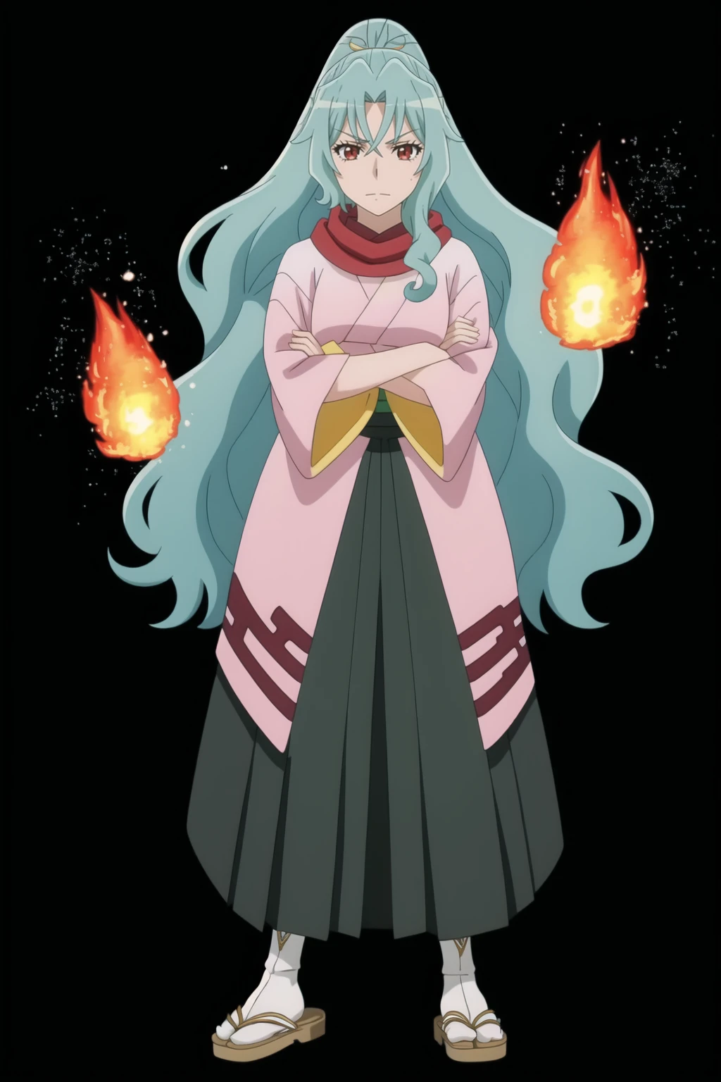 masterpiece, best quality, TomoeV4, Anime coloring, 1girl, solo, looking at viewer, skirt, (aqua hair:0.8), japanese clothes, kimono, scarf, crossed arms, green skirt, ((long skirt)), red scarf, standing, sandals, tabi, ((particles)), ((simple background, black background, fire and water)), <lora:TomoeV4-08:0.9>