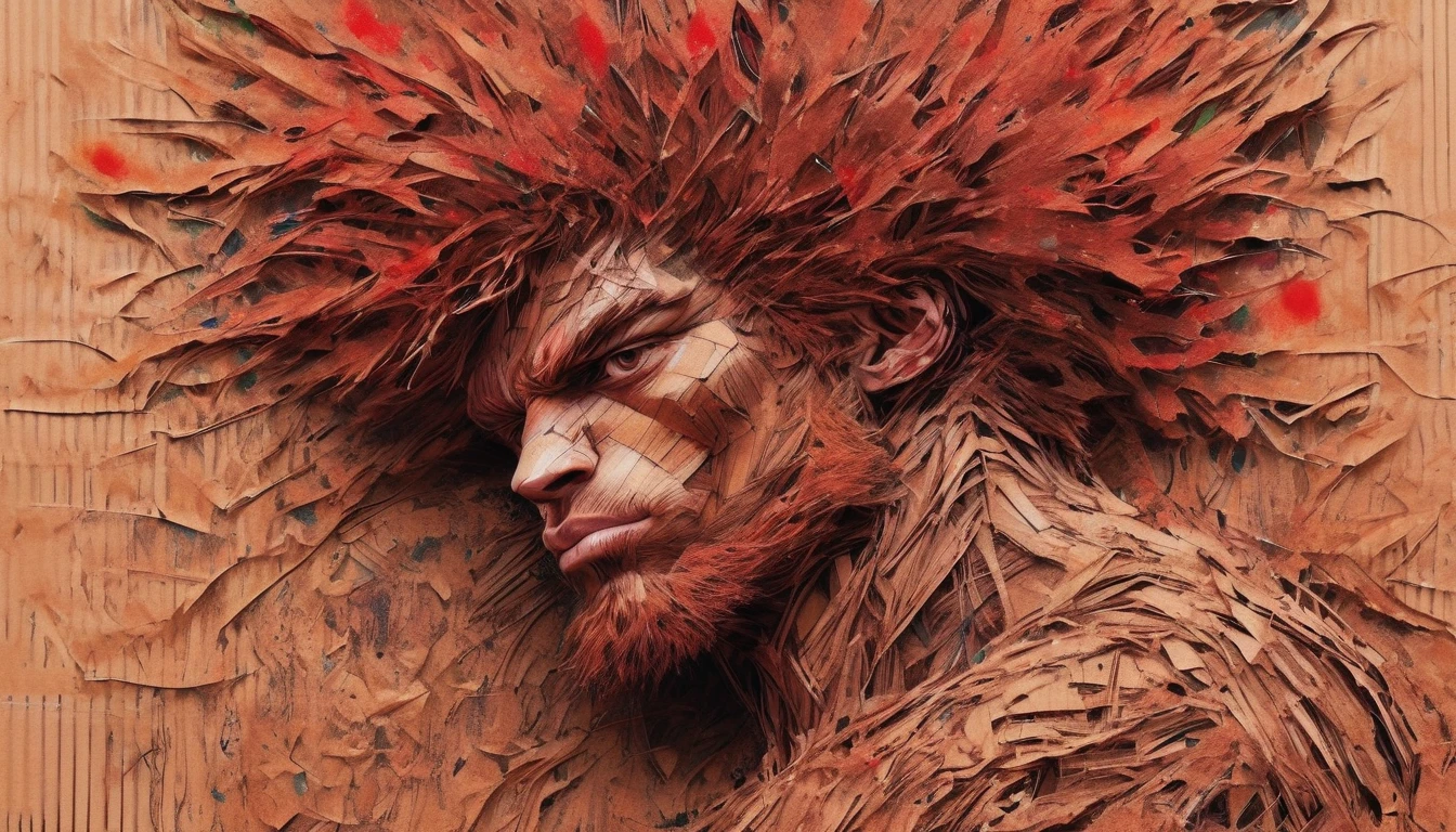 CardboardRay, messy art stylized by Carne Griffiths, Color splash, Private Press, professionally shot of a Smart Rugged Guy, wearing Earth cardboard, Red hair styled as Afro, Vine background, Concept Art World