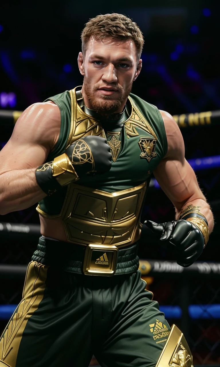 conmcg2024, 1man, 8k, uhd, masterpiece, detailed skin, skin pores, intricate, depth of field, raw image, power ranger outfit, green ranger, full body, action pose, chestplate, gold pauldrons, smile,