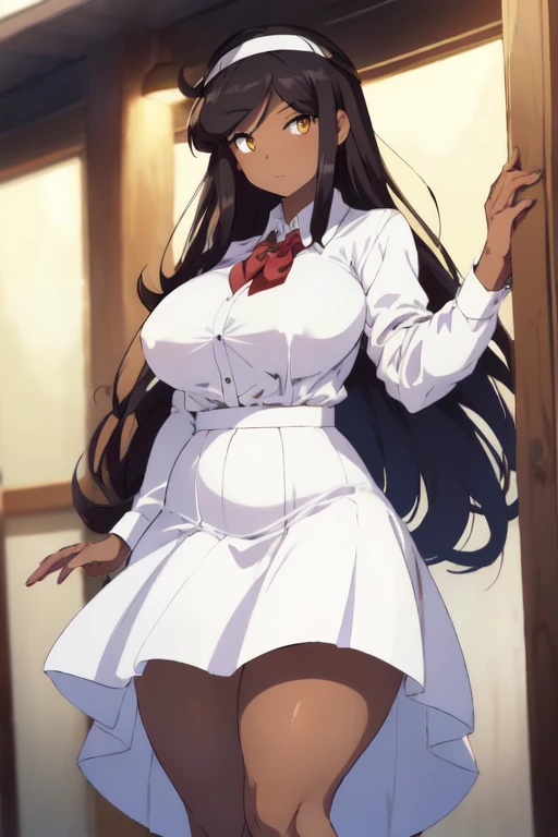 <lora:daphne:1> (daphne, hazel eyes, dark skin), (long hair, dark hair, bangs, white headband), (white shirt, tucked in shirt, long skirt, black skirt), (chubby, wide hips, breasts),, 2d, masterpiece, best quality, anime, highly detailed face, highly detailed background, perfect lighting