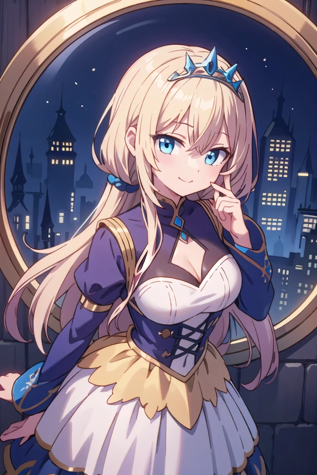 insanely detailed, absurdres, ultra-highres, ultra-detailed, best quality,
1girl, solo, nice hands, perfect hands
BREAK
princess, wearing princess costume, princess dress with many frills, (tiara:1.3) on hair, (nsfw:-1.5)
BREAK
happy smile, laugh, closed mouth
BREAK
from above,
standing, cowboy shot, looking at viewer
BREAK
slender, kawaii, perfect symmetrical face, ultra cute girl, ultra cute face, ultra detailed eyes, ultra detailed hair, ultra cute, ultra beautiful
BREAK
(fantasy world, in castle), depth of field
BREAK
medium large breasts
BREAK
blonde hair, long hair, messy hair, blue eyes, hair between eyes
