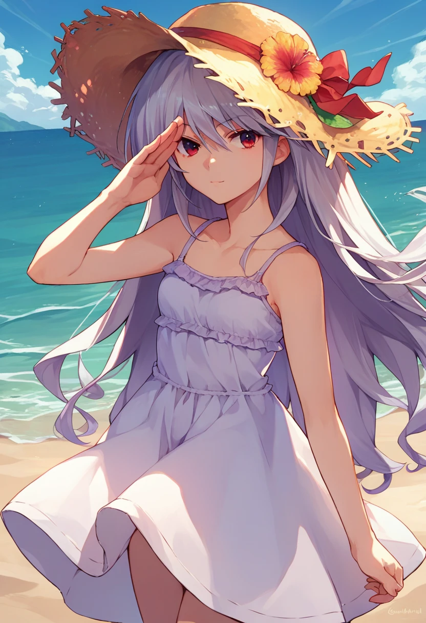 score_9, score_8_up, score_7_up, source_anime, 1girl, <lora:KazukiCAME-000007:1> kazami kazuki, silver hair, long hair, red eyes, sundress, straw hat, beach, salute,