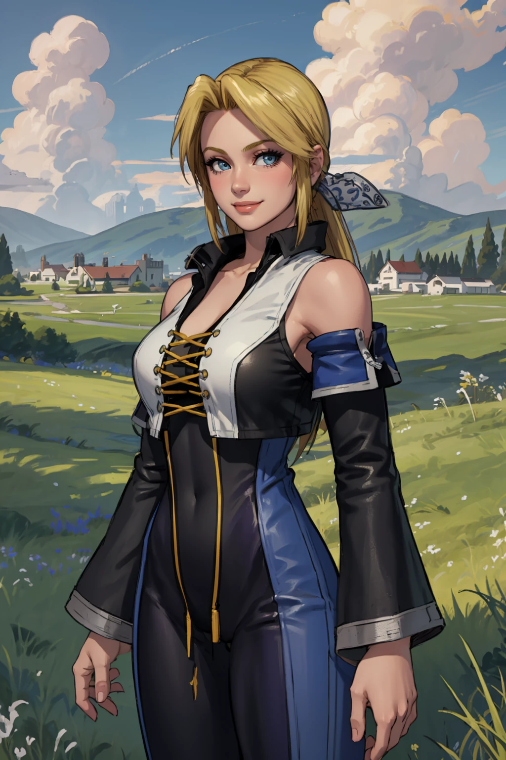 masterpiece, best quality,
1girl, helenadouglas, blonde hair, long hair, blue eyes, jacket, catsuit, long sleeves, detached sleeves,
upper body, smile, solo, looking at viewer, grass, blue sky, cloud, meadow background     <lora:HelenaDouglasClassic:1>