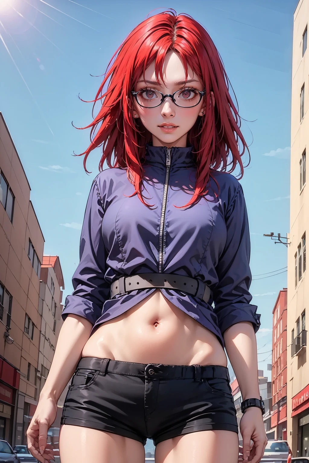 <lora:xiang-7:0.8>,(face lighting:0.8),bright backlight,super high resolution,best quality,Photos,4k,(Realistic:1.2),xiang,shorts,solo,thigh,red hair,long hair,navel,belt,black shorts,outdoor,glasses,look at the audience,