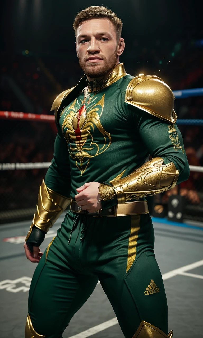 conmcg2024, 1man, 8k, uhd, masterpiece, detailed skin, skin pores, intricate, depth of field, raw image, power ranger outfit, green ranger, full body, action pose, chestplate, gold pauldrons, smile,