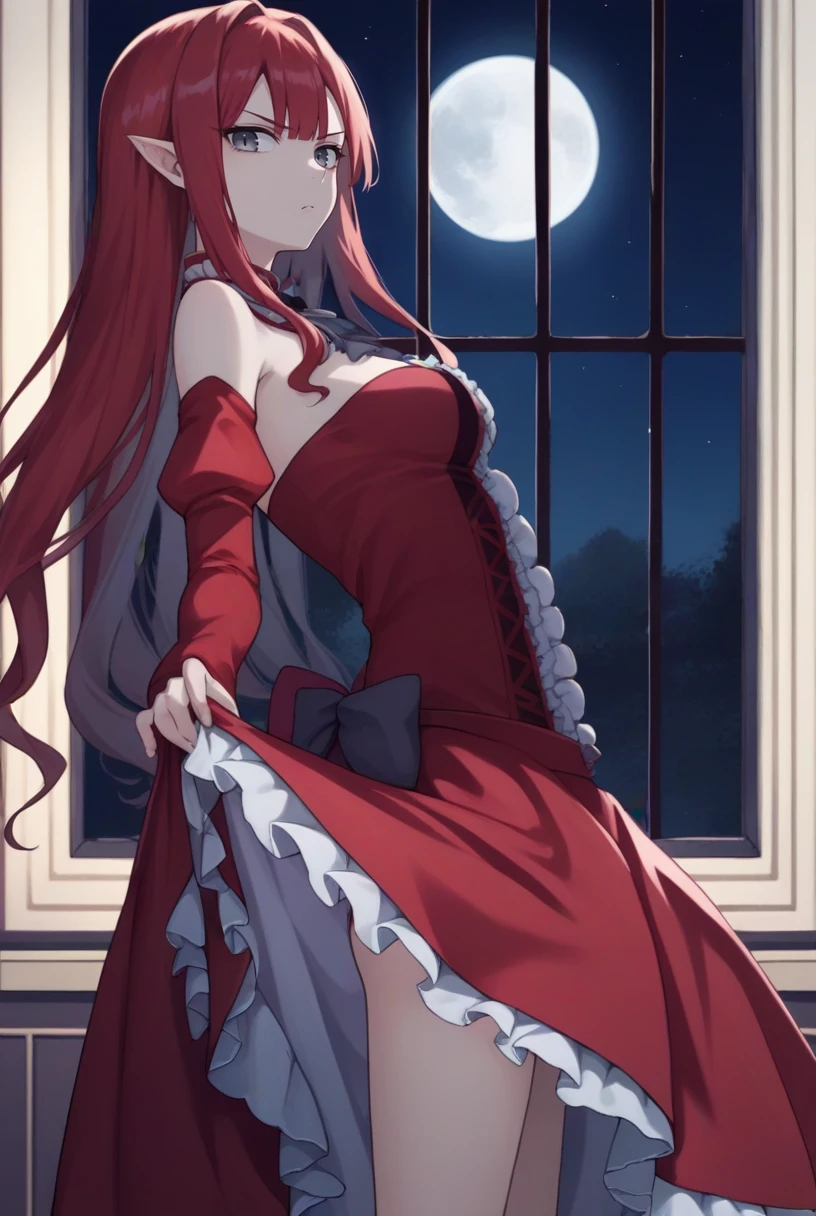score_9, score_8_up, score_7_up, source_anime BREAK 1girl, solo, looking at viewer, cowboy shot, <lora:Baobhan_Sith_Pdxl-05:1> , baobhandefault,grey eyes, red hair, long hair, sidelocks, pointy ears,red dress, detached sleeves, detached collar, center frills, frills, bare shoulders, ribbon, medium breasts, night, indoors, moon, moonlight, night, skirt lift, serious, from side,