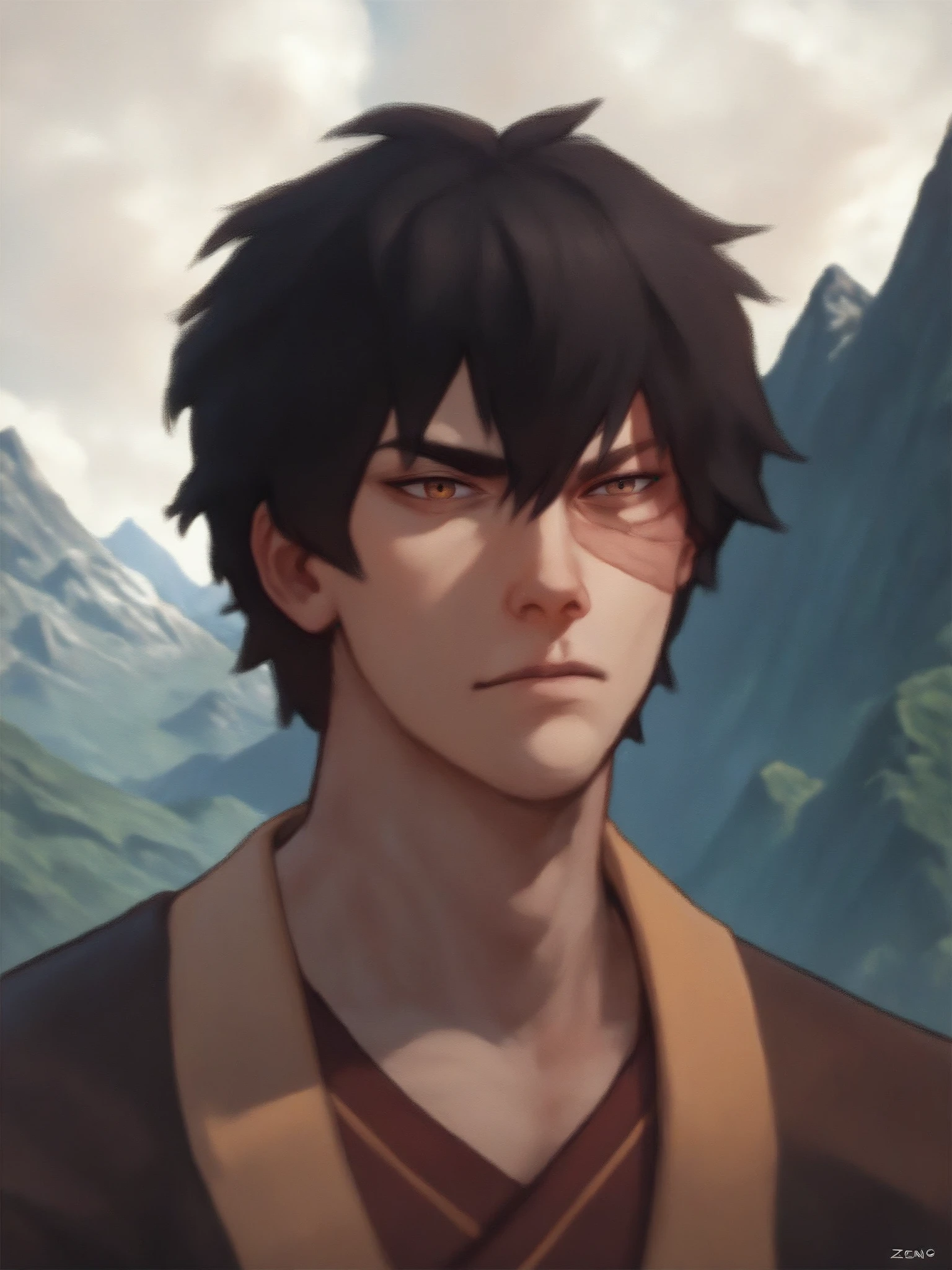 score_9, score_8_up, score_7_up, score_6_up, score_5_up, score_4_up, source_anime, zuko, black hair, scar on eye, <lora:Zuko:.6> mountain background,