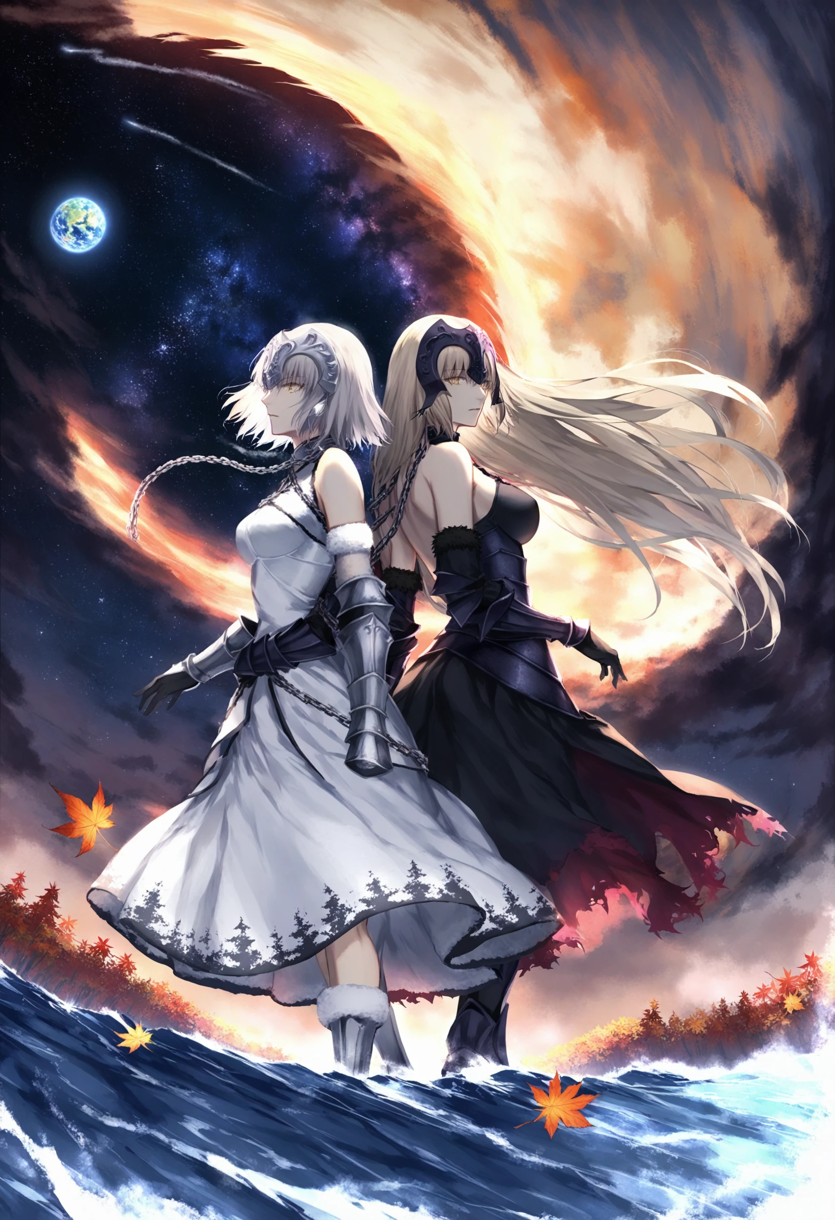 masterpiece, best quality <lora:sd_xl_dpo_lora_v1-128dim:1>,jeanne d'arc alter \(avenger\) \(fate\), jeanne d'arc alter \(fate\), long hair , jeanne d'arc alter \(avenger\) \(third ascension\) \(fate\), multiple girls, 2girls , breasts , gloves, headpiece , back-to-back, yellow eyes, bare shoulders, fur trim, blonde hair, looking at viewer, chain, very long hair, elbow gloves, black gloves, jeanne d'arc \(fate\), medium breasts, armor, dress, profile, black dress, gauntlets, from side, closed mouth, bangs, grey hair ,chain, star (sky), space, sky, starry sky, planet, solo, cloud, sky, dress, day, scenery, outdoors, white dress, blue sky, standing, sleeveless, tree, sleeveless dress, wind, mountain, water, scenery, tree, autumn leaves, autumn, outdoors, leaf, fence, day, maple leaf, nature , <lora:ABKSKXLlokr2f-000147:1>