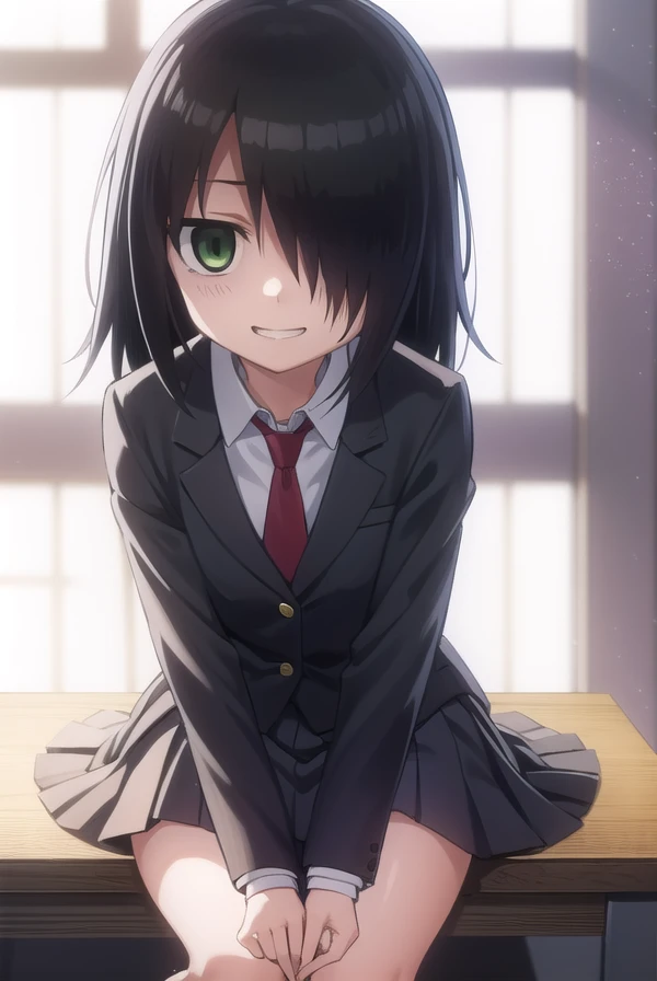 tomokokuroki, <lora:tomoko kuroki s1-lora-nochekaiser:1>,
tomoko kuroki, long hair, black hair, (green eyes:1.3), (hair over one eye:1.5), bags under eyes, smile, grin,
BREAK skirt, school uniform, necktie, blazer,
BREAK indoors, classroom,
BREAK looking at viewer, dynamic pose,
BREAK <lyco:GoodHands-beta2:1>, (masterpiece:1.2), best quality, high resolution, unity 8k wallpaper, (illustration:0.8), (beautiful detailed eyes:1.6), extremely detailed face, perfect lighting, extremely detailed CG, (perfect hands, perfect anatomy),