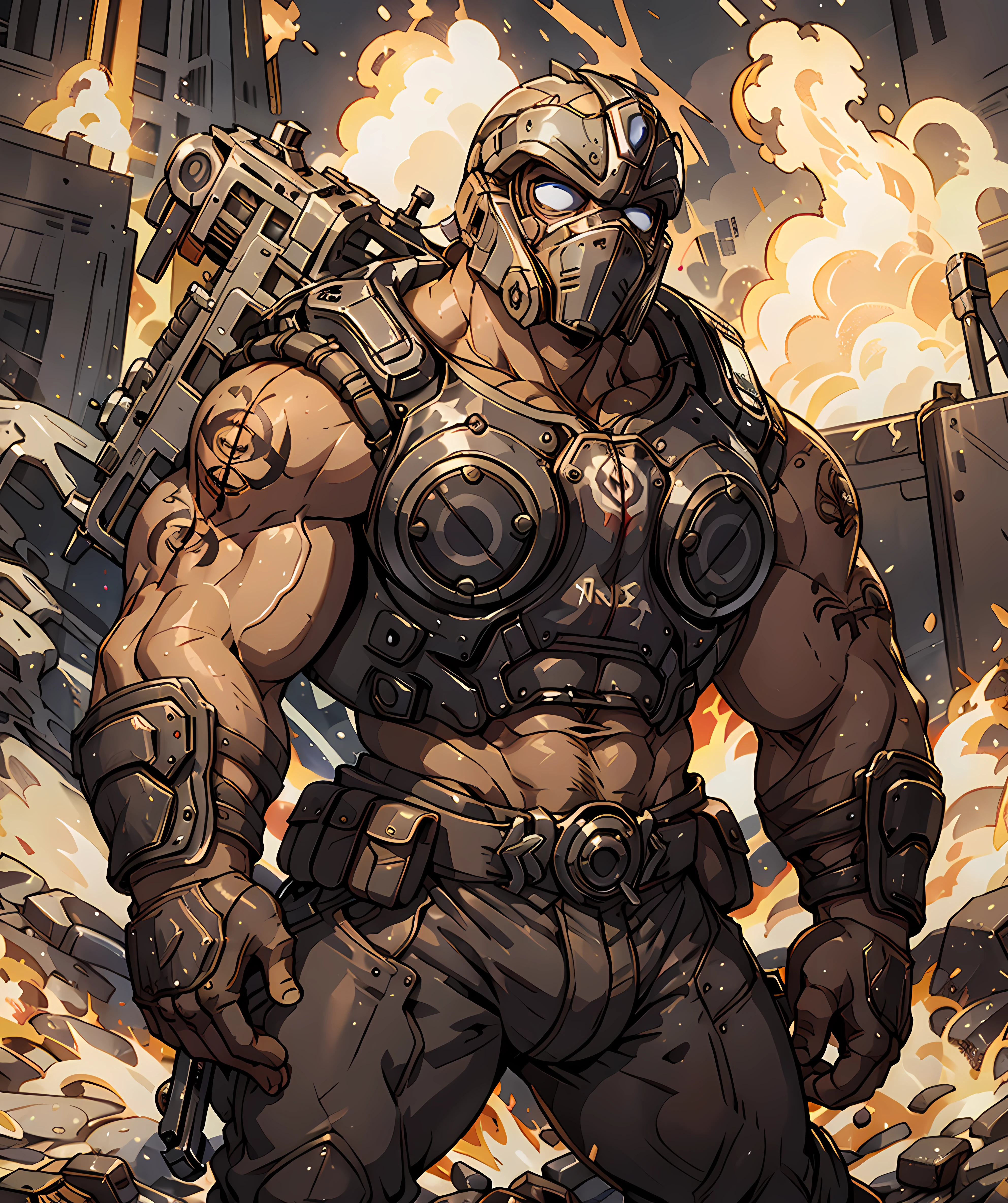 clayton_carmine, ruins, fire, smoke, standing, armor, holding a gun, weapon, muscular, helmet, tattoo <lora:Clayton_Carmine:0.75>