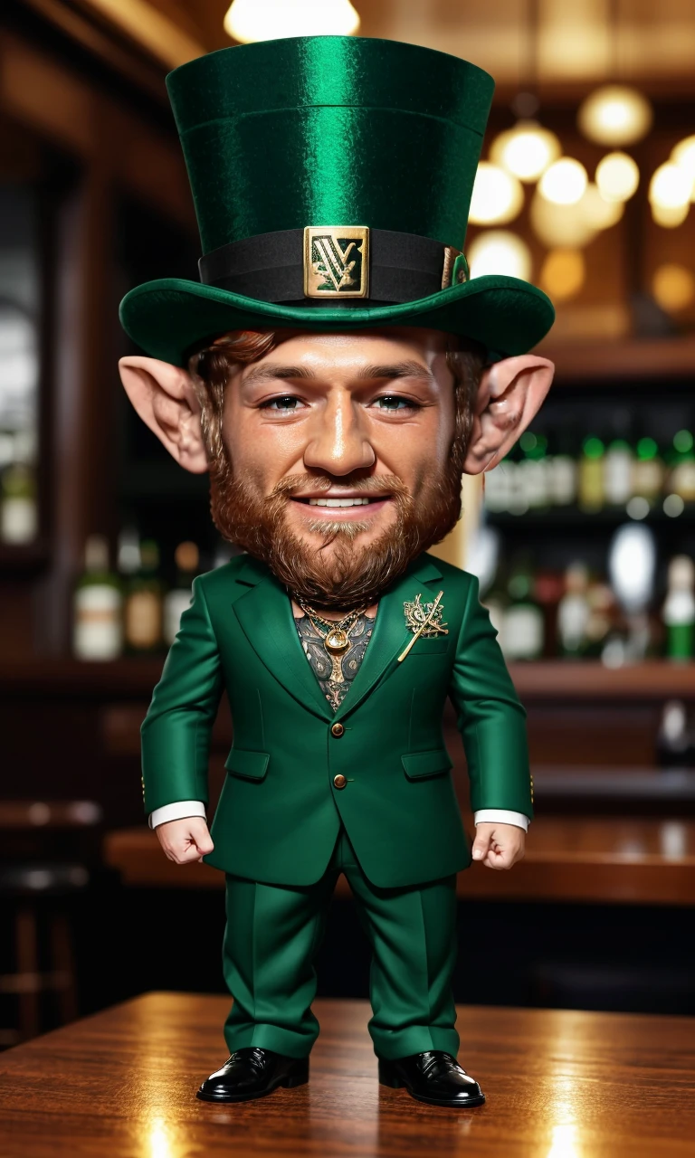 conmcg2024, small leprechaun dancing on table, yelling, laughing, tiny, adorable, large eyes, pointy ears, 8k, uhd, masterpiece, detailed skin, skin pores, intricate, depth of field, raw image, cute, green jacket, green top hat, irish pub, crazy smile, saint Patrick's day, goofy, pot of gold, large head, standing on table, small, big nose, auburn hair, big beard, exposed chest, 1man, chest tattoo, gold chain