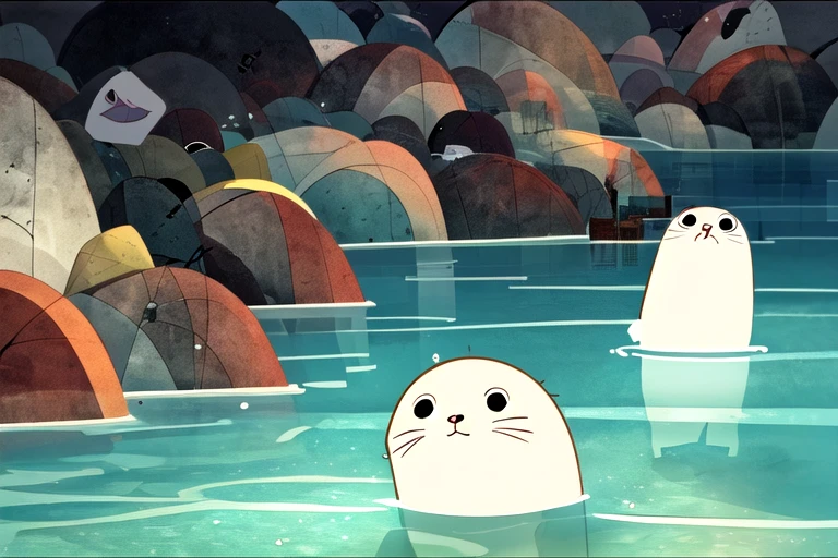 Song of the Sea, a cartoon seal and a girl swimming in the ocean, Saoirse, <lora:SOTS_version_2_fuwa-000003:1>