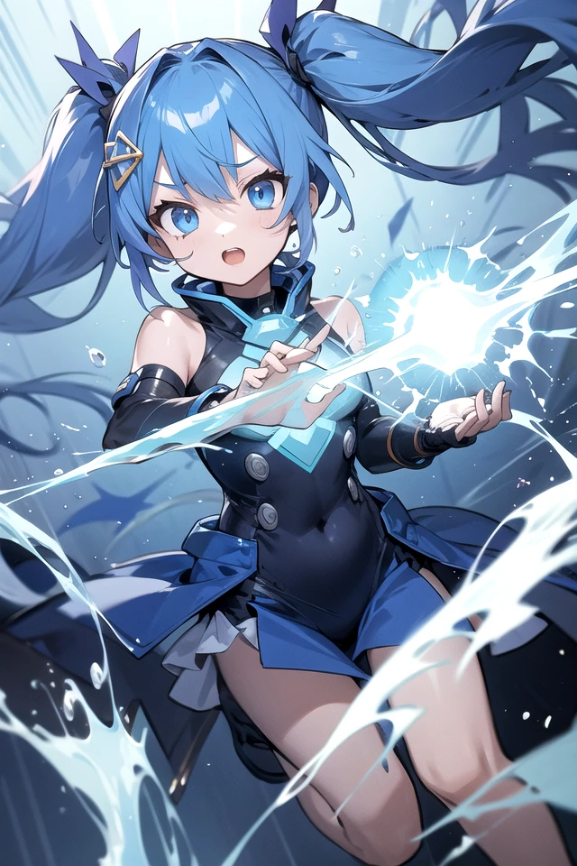 1beautiful girl,Solo、sixteen years old,Angry face,(((woman face))),(((Blue Bikini Armor, Blue mini skirt))), Light blue hair,Long hair,a purple eye,body wrapped in water, Colossal tits、(((Running at high speed on the sea surface、hurry ahead))),(((attack with water beads, A stream of water comes out from the palm held in front of my eyes..)))、Concentrated line to the back of the screen、Watercolor style、