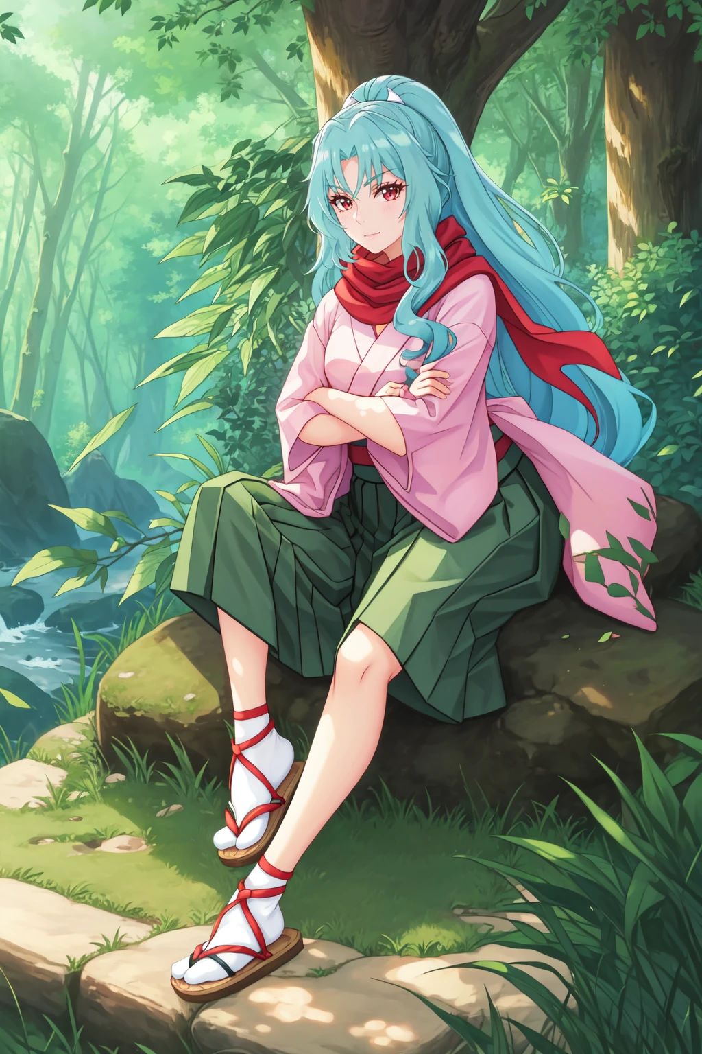 masterpiece, best quality, TomoeV4, 1girl, solo, skirt, outdoors, japanese clothes, kimono, scarf, tree, crossed arms, green skirt, ((long skirt)), nature, forest, red scarf, sitting, sandals, tabi, close-up, <lora:TomoeV4-08:0.7>