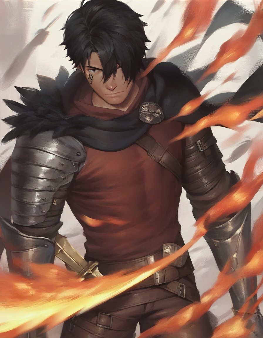 score_9, score_8_up, score_7_up, score_6_up, score_5_up, score_4_up, 1boy, armor, belt, black cape, black eyes, black hair, brown pants, cape, closed mouth, cowboy shot, embers, facial tattoo, feathers, fire, gauntlets, hair between eyes, hair over one eye, looking at viewer, male focus, pants, red shirt, shirt, short hair, solo, standing, sword, tattoo, v-neck, weapon <lora:penguin-frontier-Pony-XL-v6:1>