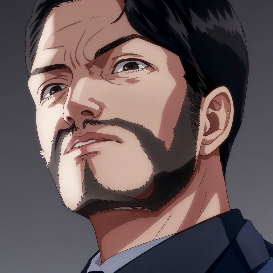 solo male, Maeda, Asobi Asobase, butler, black hair, short hair, black eyes, facial hair, dark blue 3 Piece Suit, formal, white collared shirt, red necktie, dark blue vest, dark blue jacket, dark blue pants, mature, handsome, charming, alluring, calm, polite, portrait, close-up, perfect anatomy, perfect proportions, best quality, masterpiece, high_resolution simple background, classroom, (from below:0.9), (pathetic, disappointed:1.0), looking down, looking at viewer, pathetic \(meme\, wide angle<lora:EMS-311919-EMS:0.600000>