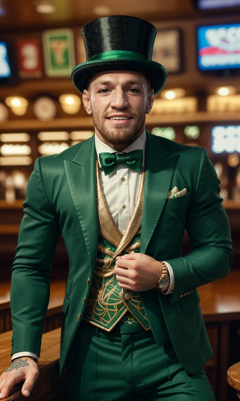 conmcg2024, 1man,  8k, uhd, masterpiece, detailed skin, skin pores, intricate, depth of field, raw image, small leprechaun dancing on table, cute, green suit, green top hat, irish pub, crazy smile,