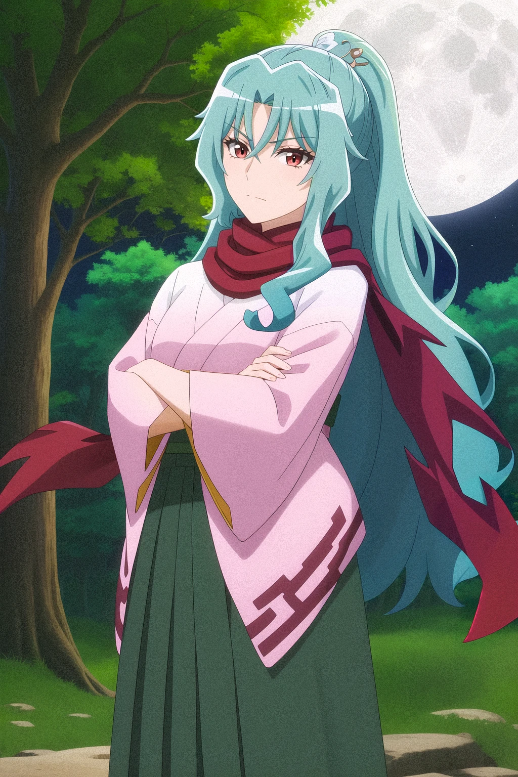 masterpiece, best quality, TomoeV4, 1girl, solo, looking at viewer, portrait, skirt, aqua hair, outdoors, japanese clothes, kimono, scarf, tree, crossed arms, green skirt, ((long skirt)), nature, forest, night, moon, red scarf, standing, ((close-up)), <lora:TomoeV4-08:0.8>