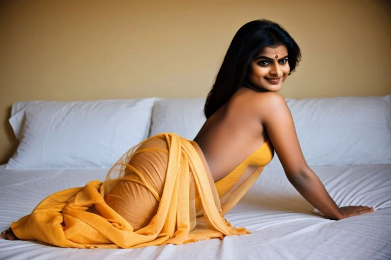 (Raw color Photo) of Bold Indian Model, (detailed skin), Relaxed_Woman, laying down on a bed, Aesthetically_Pleasant_Woman, Pleasant:BrownTone, OnlySaree, (Wearing a simple see-through one-color, one-shoulder. blouseLess Saree)