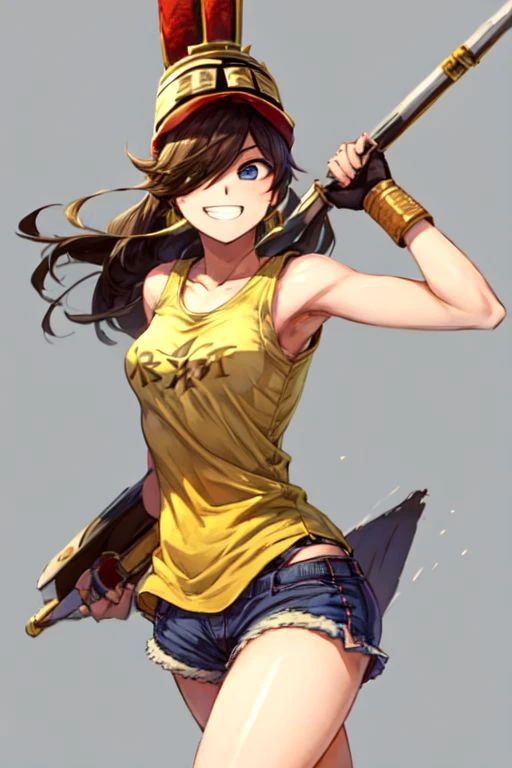 ohxathena, wearing a tank top and shorts, grinning