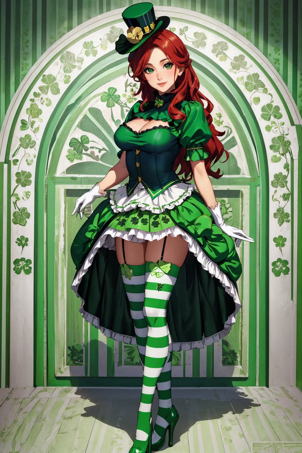 ((masterpiece,best quality,edgQuality)),(smile),1girl,solo,standing,posing,
edgShamrock,green dress, long hair,  skirt, thighhighs, gloves, hat, edgASA1,  red hair, boots, shoes,striped, puffy sleeves, high heels, green striped thighhighs, top hat, clover print, green footwear , wearing edgShamrock
<lora:edgShamrock:1>