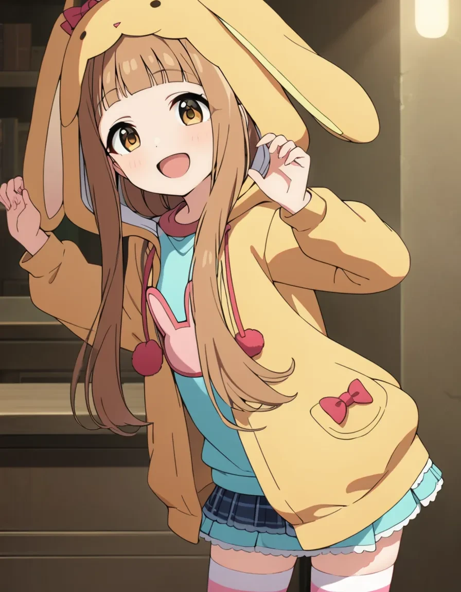 best quality, masterpiece, highres, solo, {night:1.10}, {starry sky:1.10}, beach, beautiful detailed sky, {extremely detailed background:1.20}, {ichihara_nina_theidolmastercinderellagirlsu149:1.15}, {standing:1.10}, looking at viewer, {bikini:1.30}, brown_hair, long_hair, bangs, brown_eyes, blunt_bangs, smile, open_mouth, cosplay, bow, kigurumi, yellow_eyes, light smile