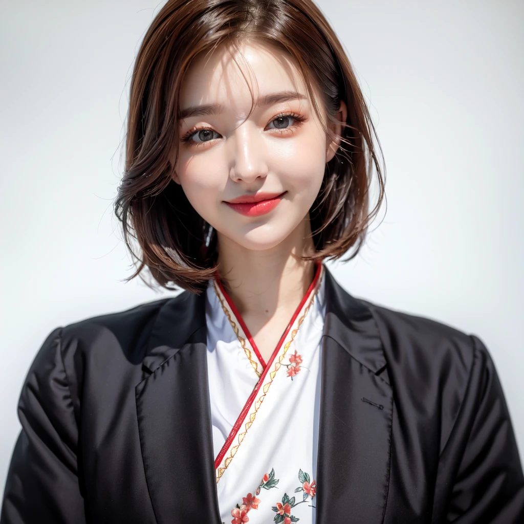 ultra high res, photo, 4k, absurdres, (incredible absurdity), ((masterpiece, best quality)), (wallpaper), (8k hd), <lora:AngelinaDanilova-05:1>, korean clothes, hanbok, solo, 1girl, smile, black hair, realistic, looking at viewer, simple background, traditional clothes, long sleeves, white background