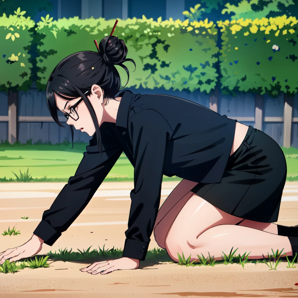 masterpiece,best quality,1girl,jadehitman, <lora:JadeNguyenHitman:0.75>,glasses,single hair bun,(hair stick:1.1),all fours,side view,in pain,bleeding,on ground,long sleeves,black shirt,pencil skirt,in field, <lora:LORA-XenoDetailer-v2:0.1>