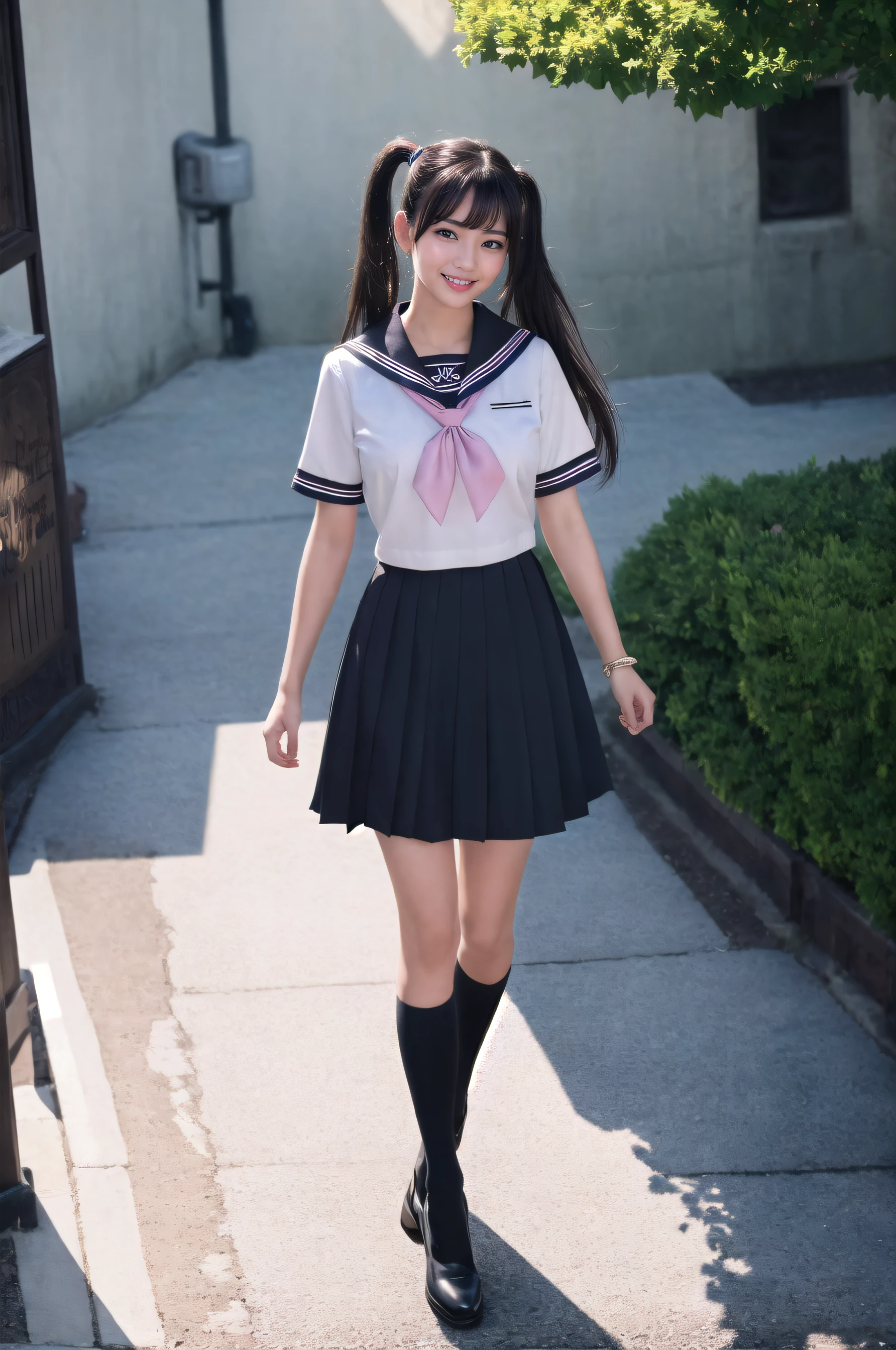 Hyper realistic photo of a schoolgirl in a miniskirt, view from the ground.