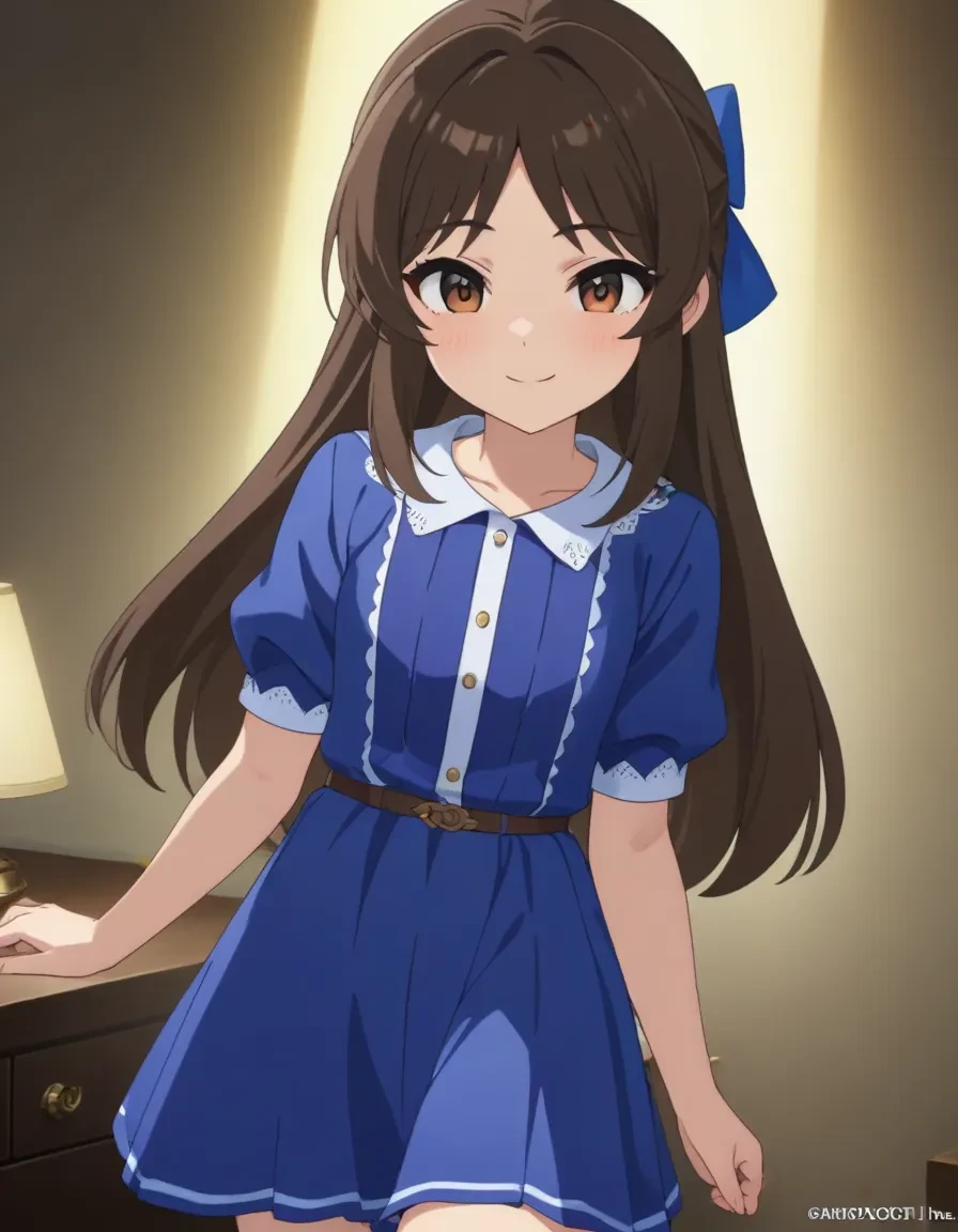 best quality,masterpiece,   4k, uncensored, prefect lighting, rating_explicit
1girl, solo,tachibana arisu, brown hair, brown eyes, long hair, bangs
tcbnarisu_AA, , blue dress,hair bow
 standing,smile ,cowboy shot,  looking at viewer
,newest,official art
<lora:sdxl_lightning_8step_lora:1>   <lora:tachibanaarisu_animagine_v1:0.6>