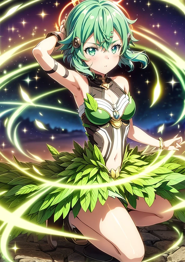 (anime:1.1), highest quality, table top,
1 girl, handle,Macross Frontier　handle, green hair, short hair、bob hair,small breasts, red eyes, mature woman,  looking at the viewer, smile，stage performance, hot air，Idol style green kimono,white knee high socks，jumping,，アイドルsinger standing in the center of the stage，アイドルsinger holding a microphone and singing， アイドルsinger&#39;serious and powerful expression. singer&#39;&#39;&#39;voice is powerful and beautiful，fans gather around the stage， ファンはアイドルsingerと一緒に歌ったり踊ったりしています,(masterpiece:1.2), highest quality, High resolution, unity 8k wallpaper, (shape:0.8), (beautiful and detailed eyes:1.6), highly detailed face, perfect lighting, Very detailed CG, (perfect hands, perfect anatomy),