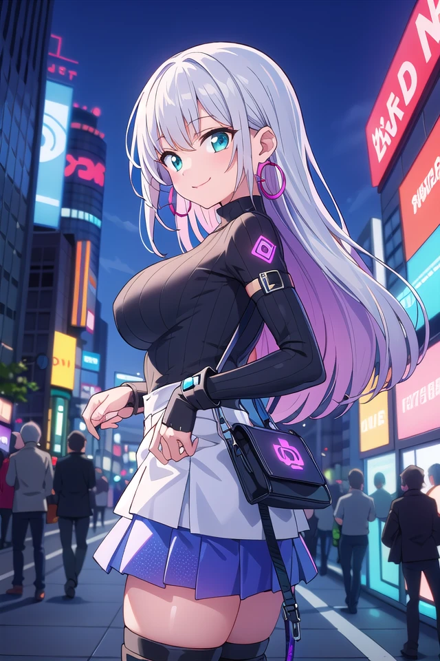 insanely detailed, absurdres, ultra-highres, ultra-detailed, best quality,
1girl, solo, nice hands, perfect hands
BREAK
(Cyberpunk theme:1.2), ((wear an oversized white turtleneck with holographic circuit pattern) paired with (black A-line layered skirt):1.2), (black thigh-high boots:1.2)
BREAK
(silver accessories:1.2), (silver hoop earrings:1.2), (silver ankle bracelet:1.2)
BREAK
happy smile, laugh, closed mouth
BREAK
from side,
standing, cowboy shot, looking at viewer
BREAK
slender, kawaii, perfect symmetrical face, ultra cute girl, ultra cute face, ultra detailed eyes, ultra detailed hair, ultra cute, ultra beautiful
BREAK
shibuya, akihabara, tokyo, street, crowd, cityscape, depth of field, ultra detailed background
BREAK
large breasts
BREAK
pink hair, dark green eyes, afro,