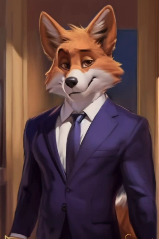 (by Meesh:1.0), (by darkgem:0.8), (by chunie:1), masterpiece, looking at viewer, male, anthro, <slora:add_detail:0.4>, (Foxy Bingo, Fox, Suit, Tie)