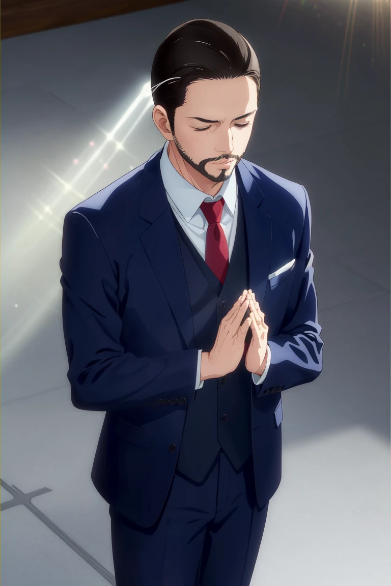 solo male, Maeda, Asobi Asobase, butler, black hair, short hair, black eyes, facial hair, dark blue 3 Piece Suit, formal, white collared shirt, red necktie, dark blue vest, dark blue jacket, dark blue pants, mature, handsome, charming, alluring, calm, polite, standing, upper body, perfect anatomy, perfect proportions, best quality, masterpiece, high_resolution, cowboy shot, (simple background), ((light rays, holy lights from above)), closed eyes, ((folding hands together, AÃ±jali MudrÄ hands gesture))<lora:EMS-311919-EMS:0.700000>