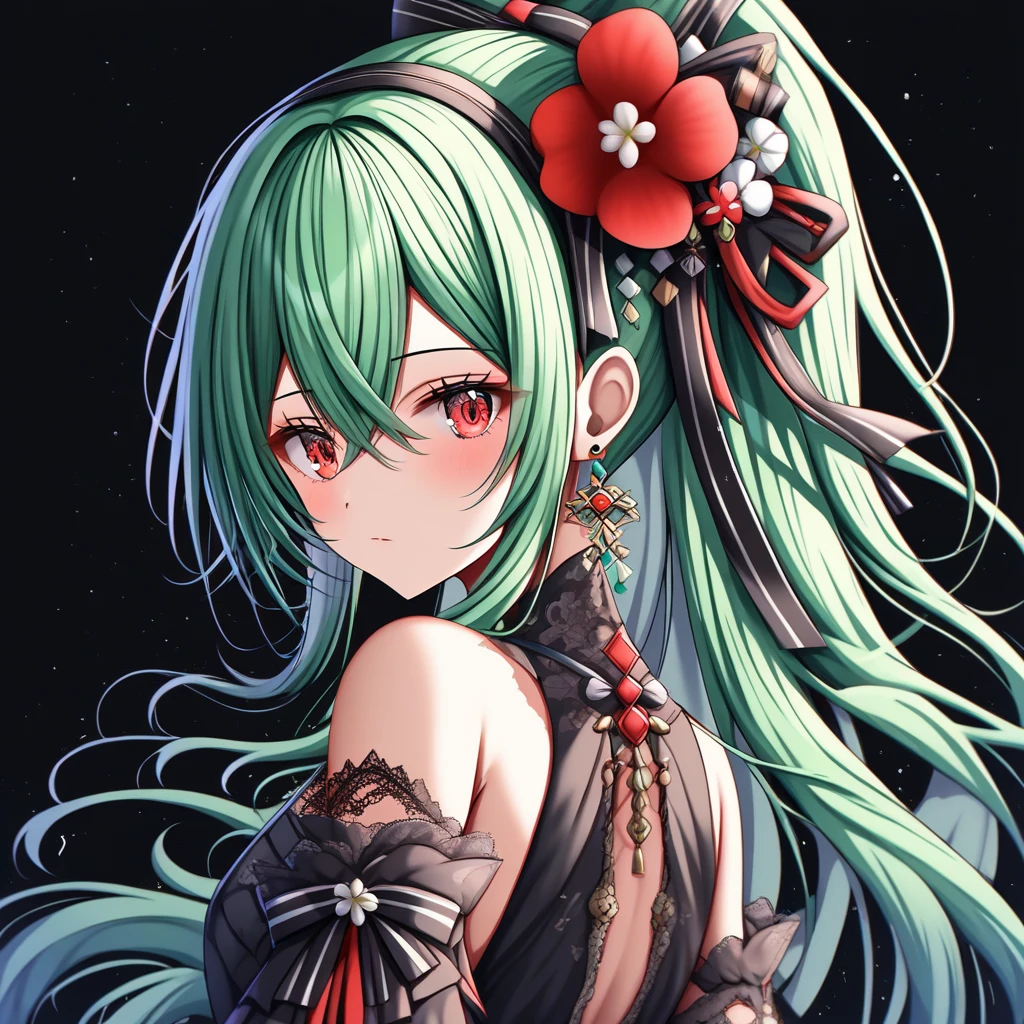 masterpiece, best quality, Niji Style, 1girl, solo, long hair, looking at viewer, hair ornament, red eyes, dress, ribbon, hair between eyes, bare shoulders, jewelry, closed mouth, hair ribbon, upper body, ponytail, flower, sidelocks, hairband, earrings, detached sleeves, green hair, looking back, hair flower, from behind, black dress, black ribbon, white flower, black background, red flower, crossed bangs