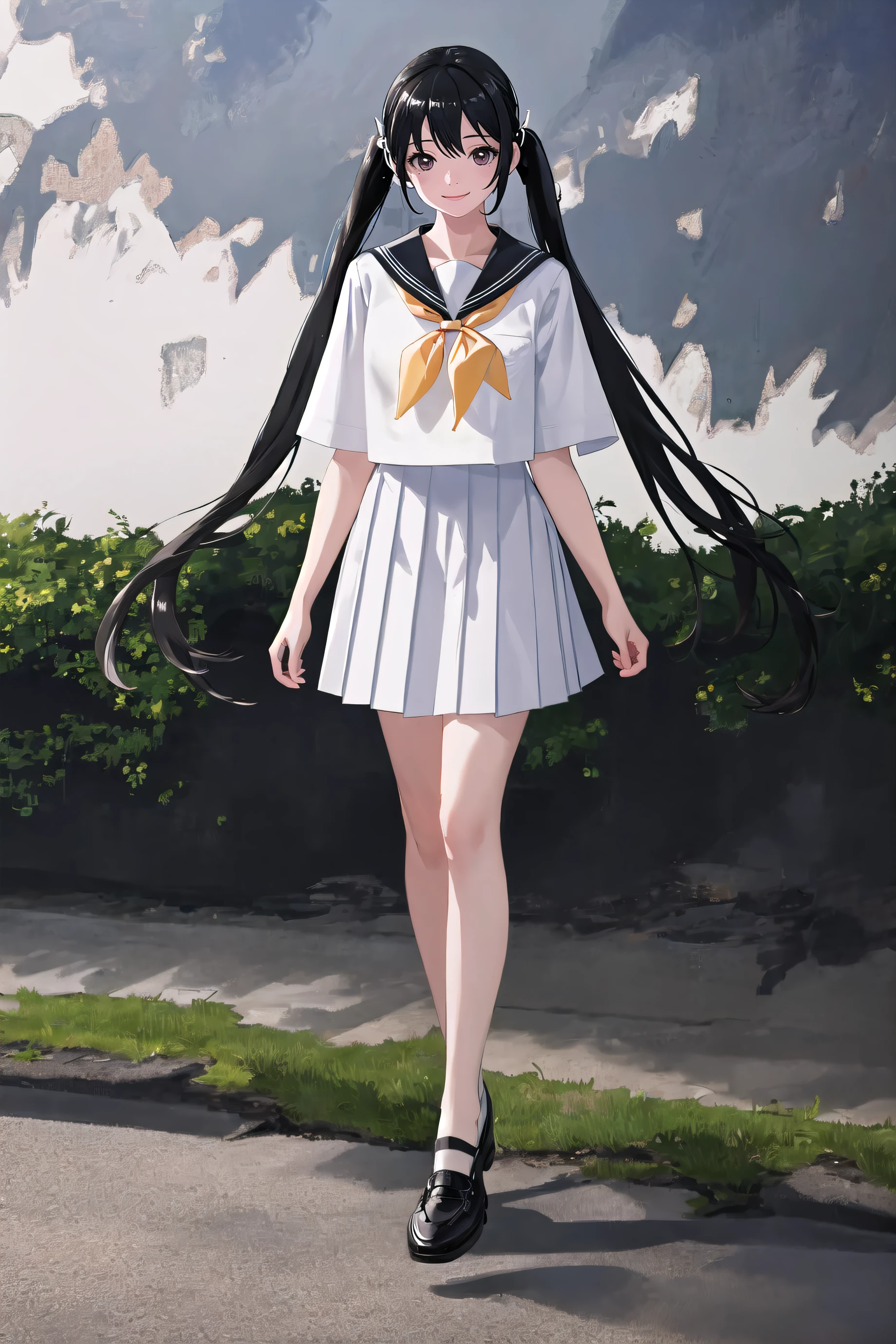 masterpiece, best quality, official art, extremely detailed , ultra high res, ultra detailed, incredibly absurdness, Ultimate detail, Clothing details, middle breast, wide shot, standing,
(1girl:0.7), extremely beautiful face, (leather shoes:0.7), (white ankle socks:0.8), outdoors,  hair ornament,  sailor collar, white pleated skirt, colorful neckerchief, (low twintails,:1.1)
((haunting smile, long hair, black hair)),(Fluffy hair:0.75), watery eyes, realistic skin, best shadow, soft light,(short-sleeved),original, full body, jk,
<lora:jk shuishou_20230607235321-000012:0.75>