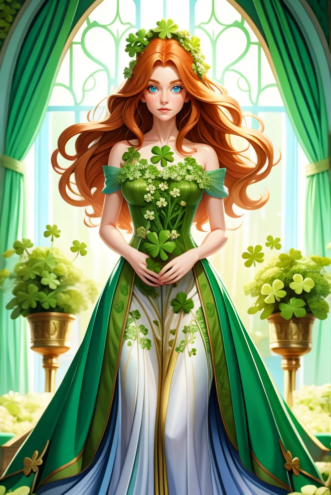 woman with long ginger hair, standing outside of ,  HUD_shmrck, a castle made of delicate shamrock leaves intricately woven together,  <lora:HUD_shmrck-08:0.6>, creating a whimsical and ethereal look, highly detailed, digital painting, artstation, concept art, smooth, sharp focus, illustration, shot with a 50mm lens, f/2. 8, HDR, (8k), (movie lighting) (dramatic lighting), (sharp focus)